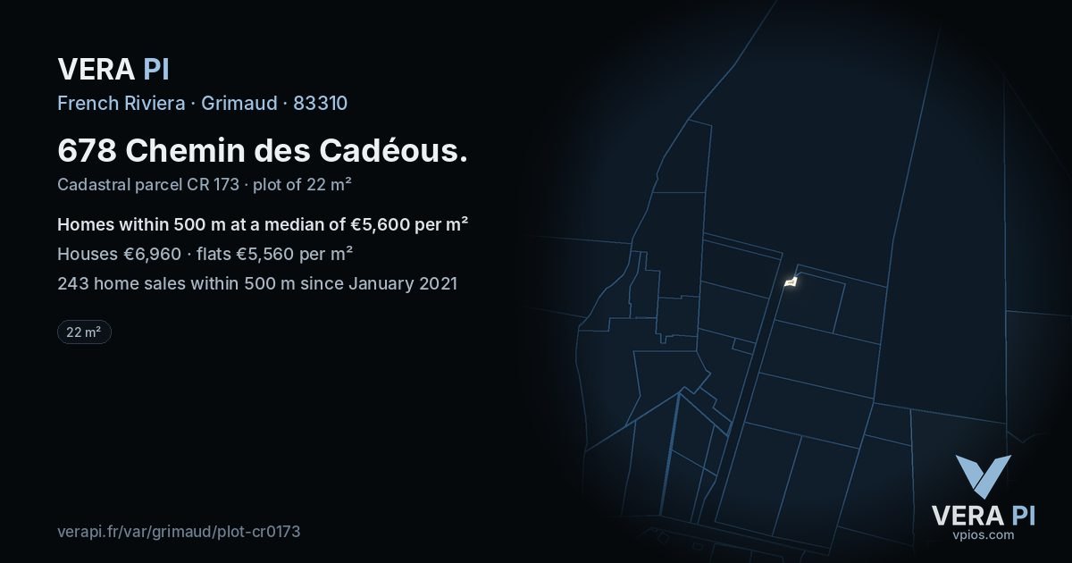 678 Chemin des Cadéous, Grimaud at night – the plot lit, the parcels around coloured by the prices near them