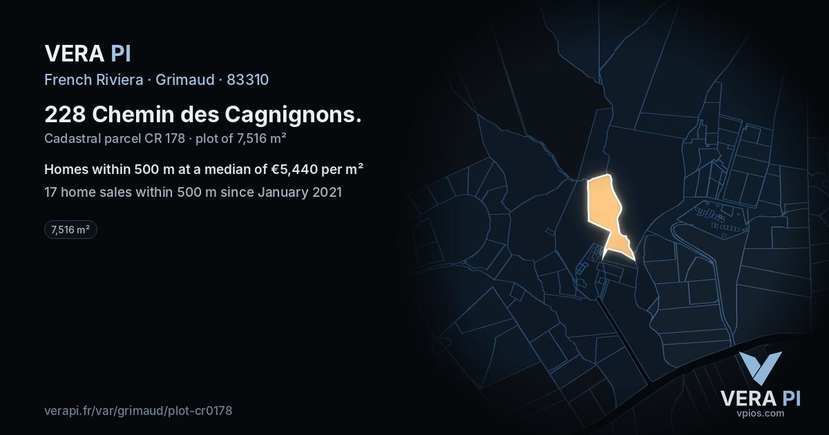 228 Chemin des Cagnignons, Grimaud at night – the plot lit, the parcels around coloured by the prices near them