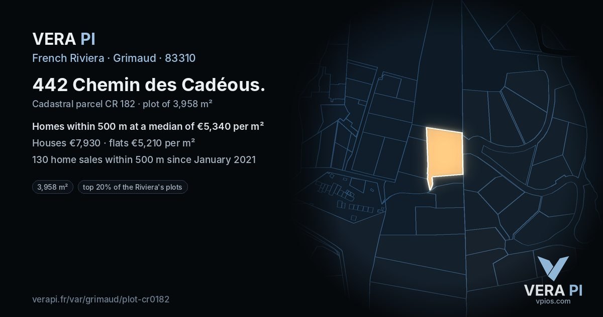 442 Chemin des Cadéous, Grimaud at night – the plot lit, the parcels around coloured by the prices near them