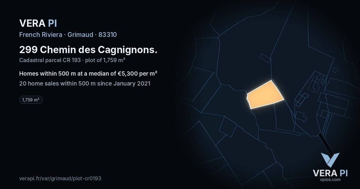 299 Chemin des Cagnignons, Grimaud at night – the plot lit, the parcels around coloured by the prices near them