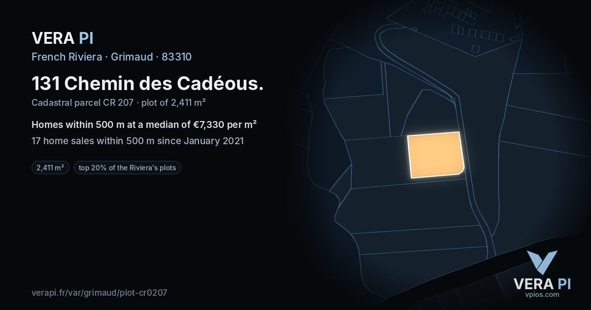 131 Chemin des Cadéous, Grimaud at night – the plot lit, the parcels around coloured by the prices near them