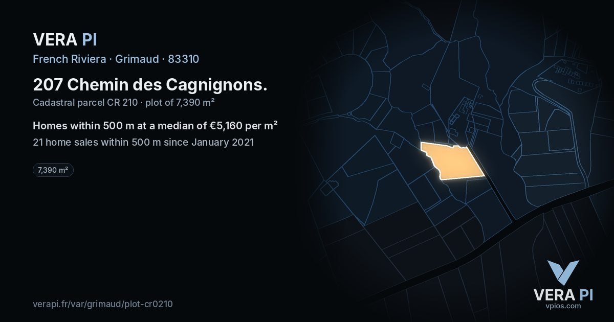 207 Chemin des Cagnignons, Grimaud at night – the plot lit, the parcels around coloured by the prices near them