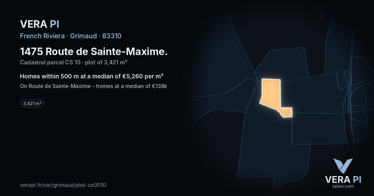 1475 Route de Sainte-Maxime, Grimaud at night – the plot lit, the parcels around coloured by the prices near them