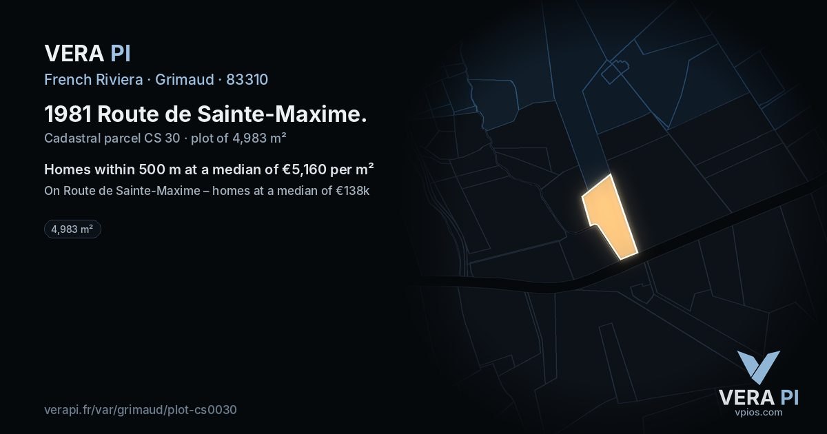 1981 Route de Sainte-Maxime, Grimaud at night – the plot lit, the parcels around coloured by the prices near them