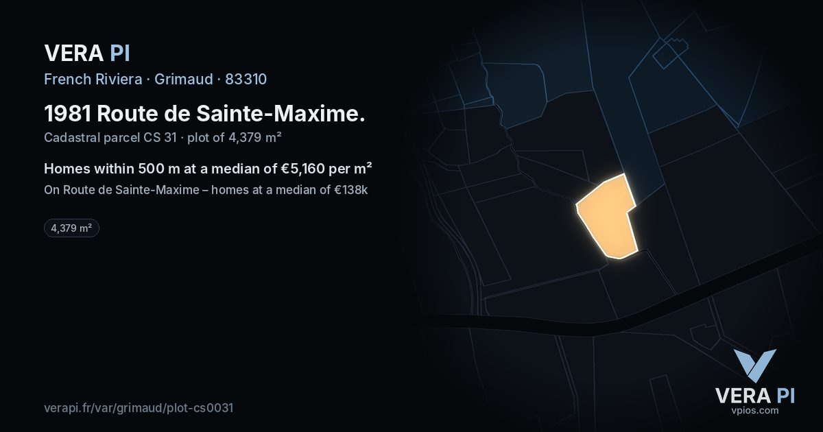 1981 Route de Sainte-Maxime, Grimaud at night – the plot lit, the parcels around coloured by the prices near them