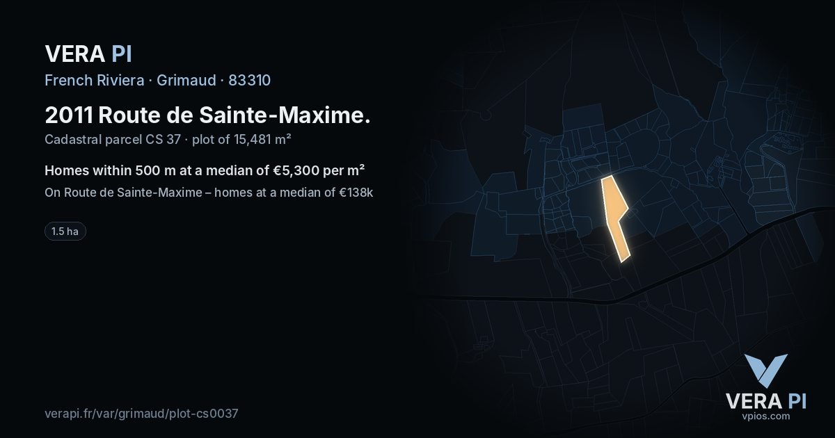 2011 Route de Sainte-Maxime, Grimaud at night – the plot lit, the parcels around coloured by the prices near them