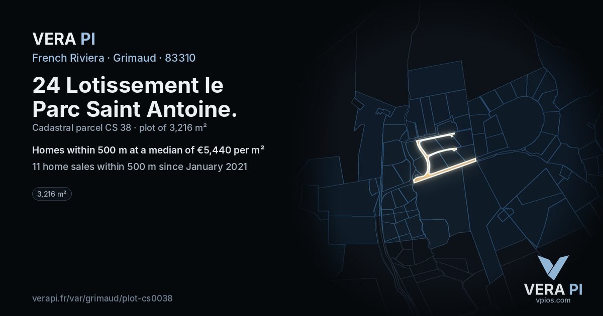24 Lotissement le Parc Saint Antoine, Grimaud at night – the plot lit, the parcels around coloured by the prices near them