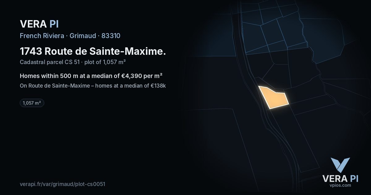 1743 Route de Sainte-Maxime, Grimaud at night – the plot lit, the parcels around coloured by the prices near them