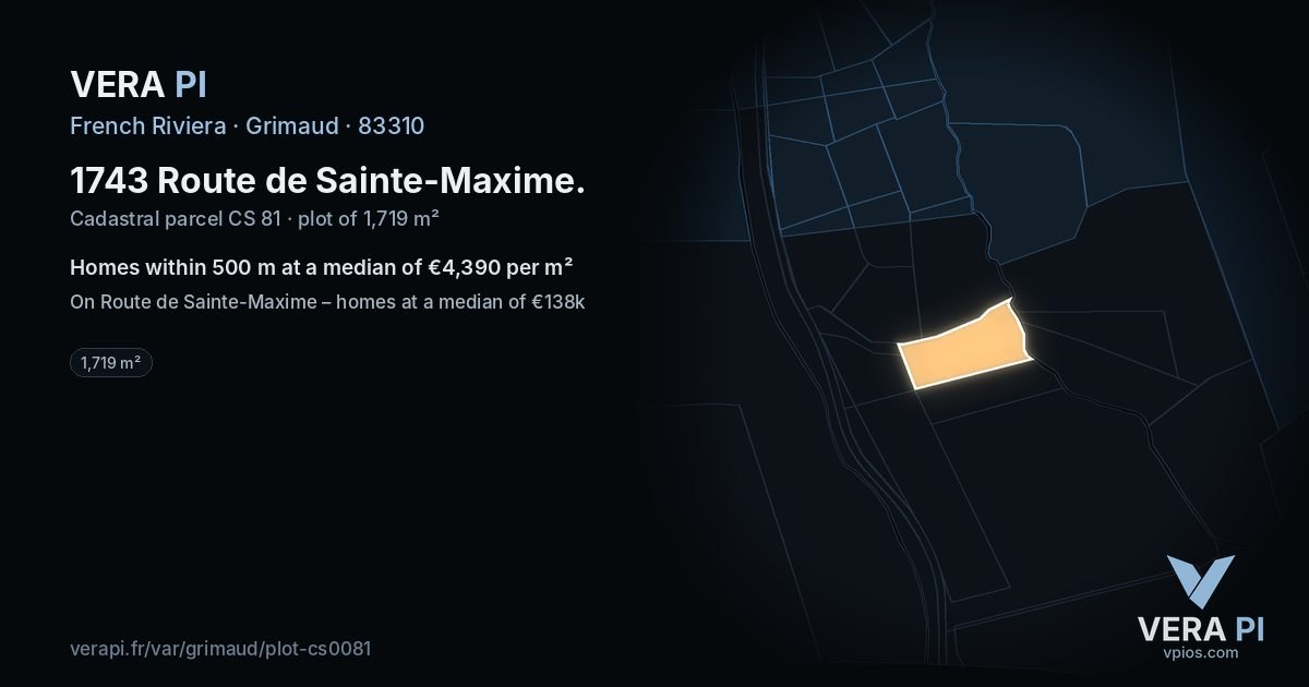 1743 Route de Sainte-Maxime, Grimaud at night – the plot lit, the parcels around coloured by the prices near them