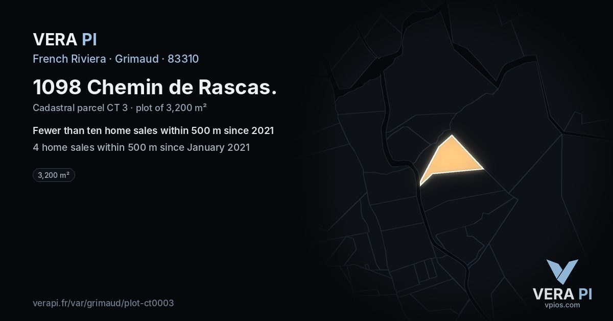 1098 Chemin de Rascas, Grimaud at night – the plot lit, the parcels around coloured by the prices near them
