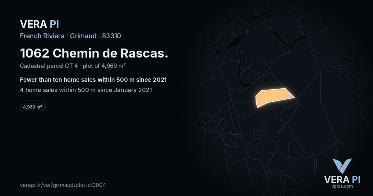 1062 Chemin de Rascas, Grimaud at night – the plot lit, the parcels around coloured by the prices near them
