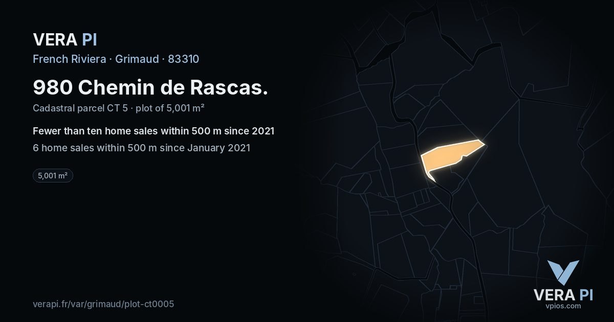 980 Chemin de Rascas, Grimaud at night – the plot lit, the parcels around coloured by the prices near them