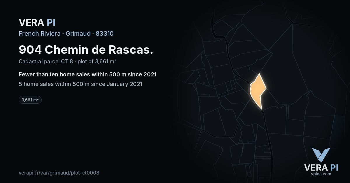 904 Chemin de Rascas, Grimaud at night – the plot lit, the parcels around coloured by the prices near them