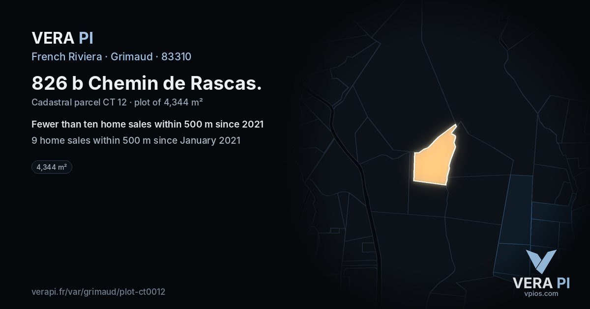 826 b Chemin de Rascas, Grimaud at night – the plot lit, the parcels around coloured by the prices near them