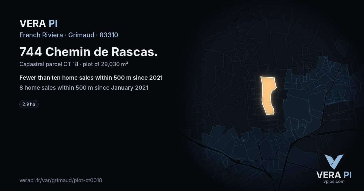 744 Chemin de Rascas, Grimaud at night – the plot lit, the parcels around coloured by the prices near them