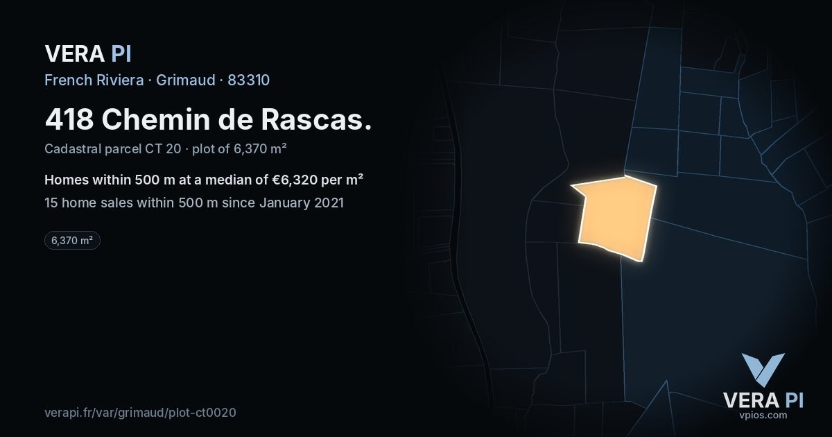418 Chemin de Rascas, Grimaud at night – the plot lit, the parcels around coloured by the prices near them