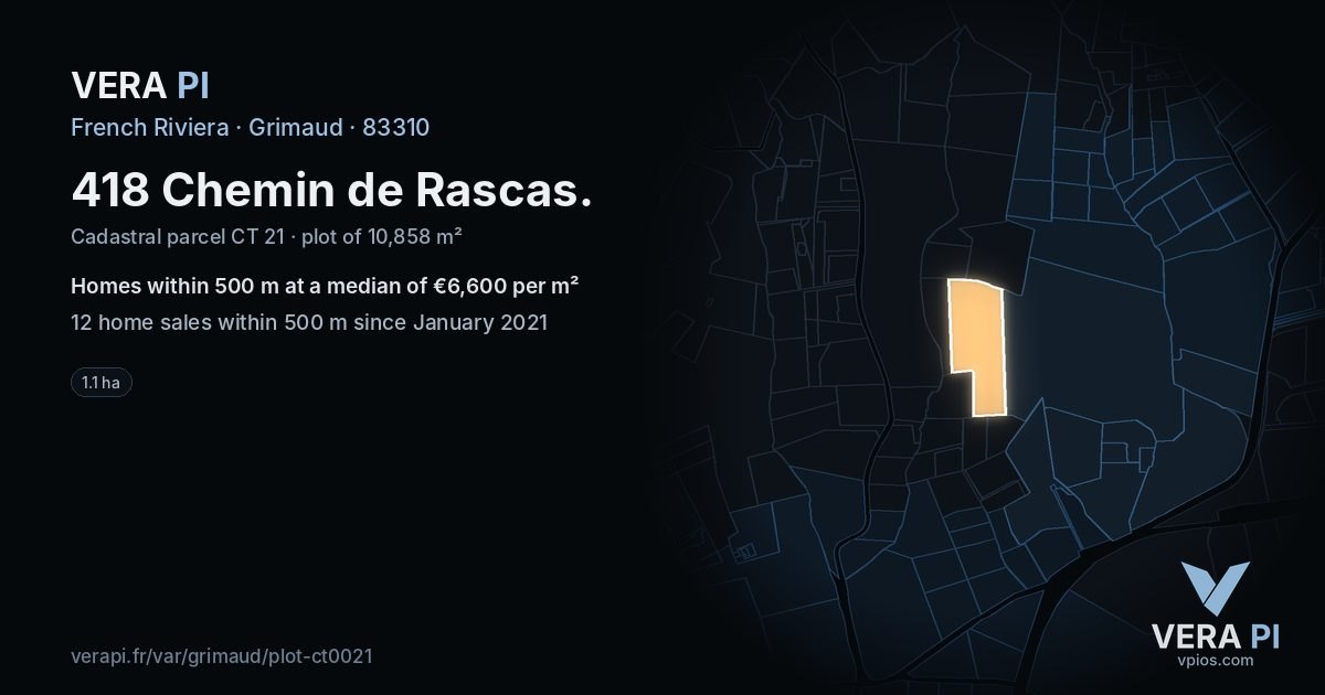 418 Chemin de Rascas, Grimaud at night – the plot lit, the parcels around coloured by the prices near them