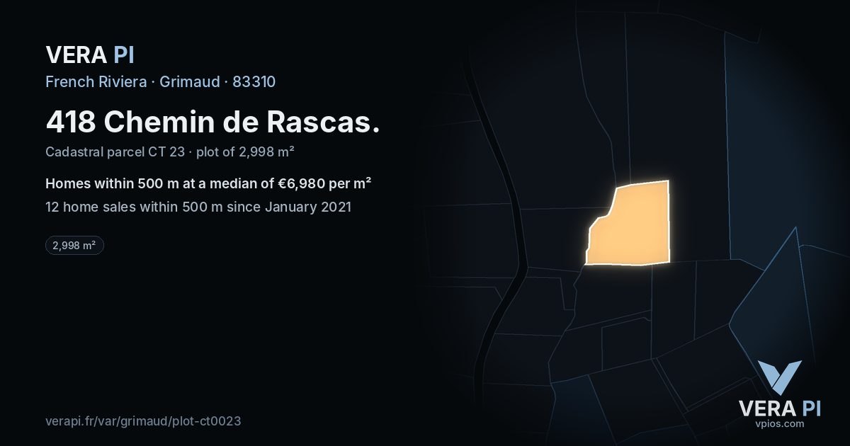 418 Chemin de Rascas, Grimaud at night – the plot lit, the parcels around coloured by the prices near them