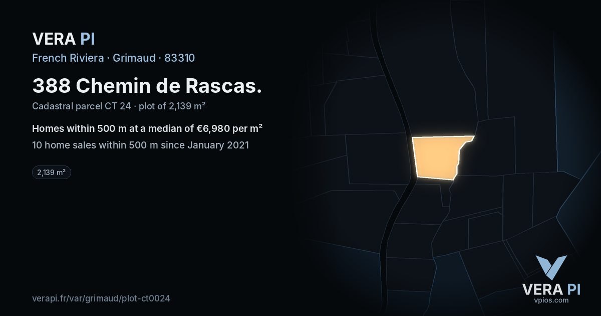 388 Chemin de Rascas, Grimaud at night – the plot lit, the parcels around coloured by the prices near them