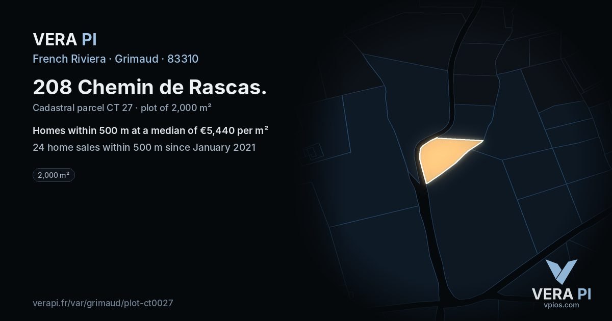 208 Chemin de Rascas, Grimaud at night – the plot lit, the parcels around coloured by the prices near them