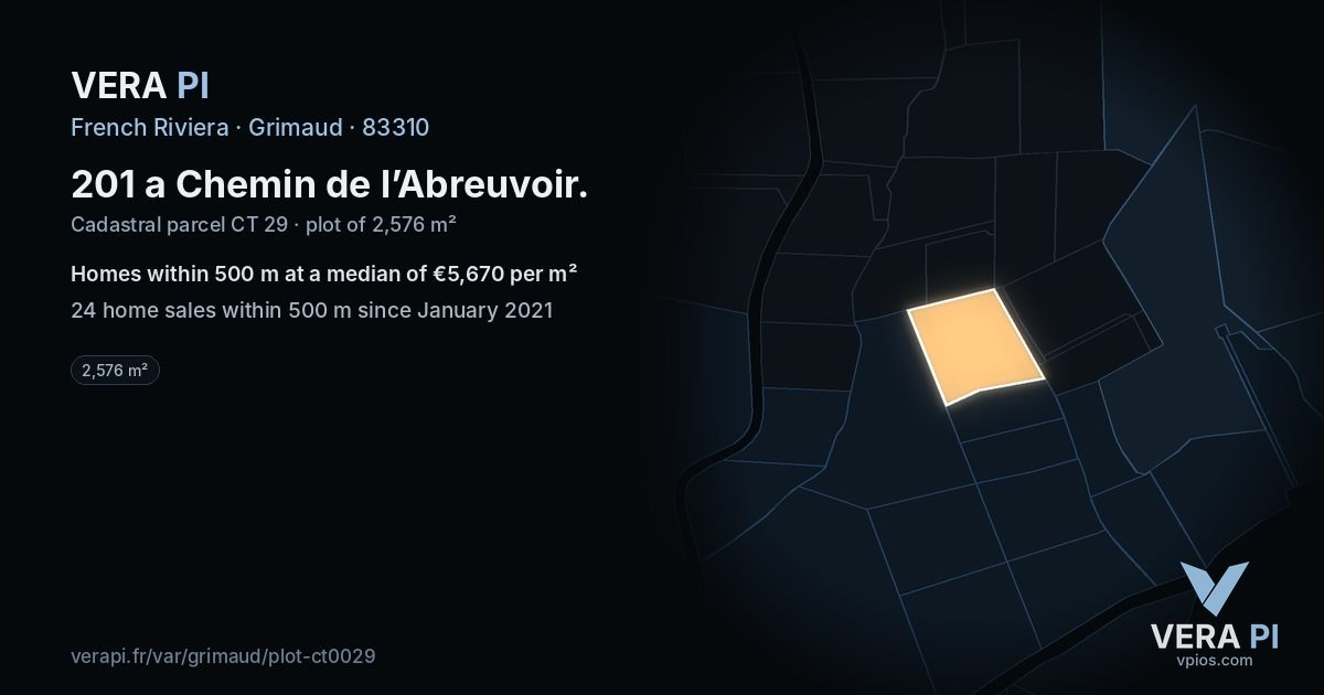 201 a Chemin de l’Abreuvoir, Grimaud at night – the plot lit, the parcels around coloured by the prices near them
