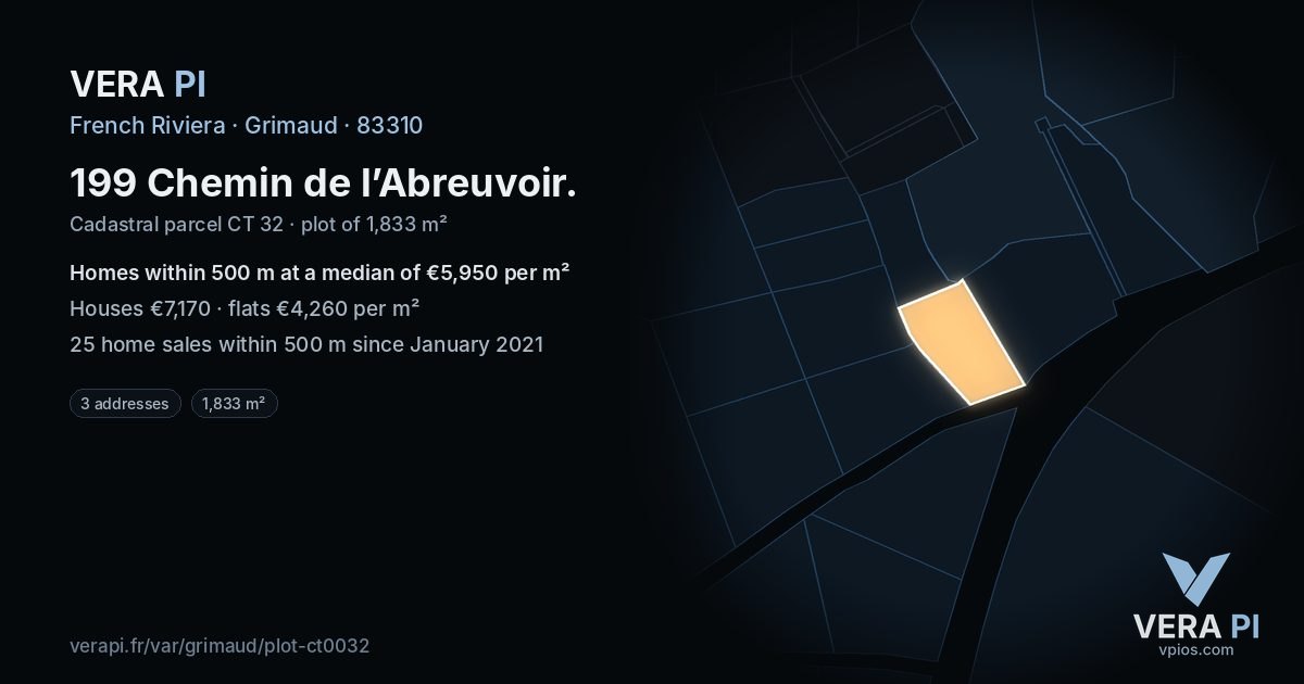 199 Chemin de l’Abreuvoir, Grimaud at night – the plot lit, the parcels around coloured by the prices near them