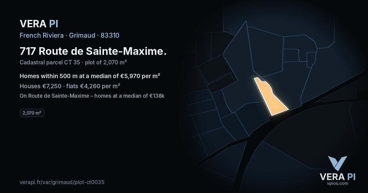 717 Route de Sainte-Maxime, Grimaud at night – the plot lit, the parcels around coloured by the prices near them