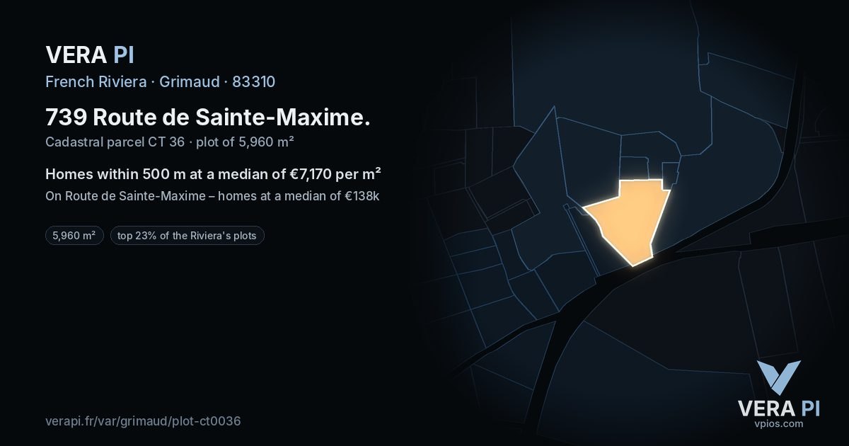 739 Route de Sainte-Maxime, Grimaud at night – the plot lit, the parcels around coloured by the prices near them