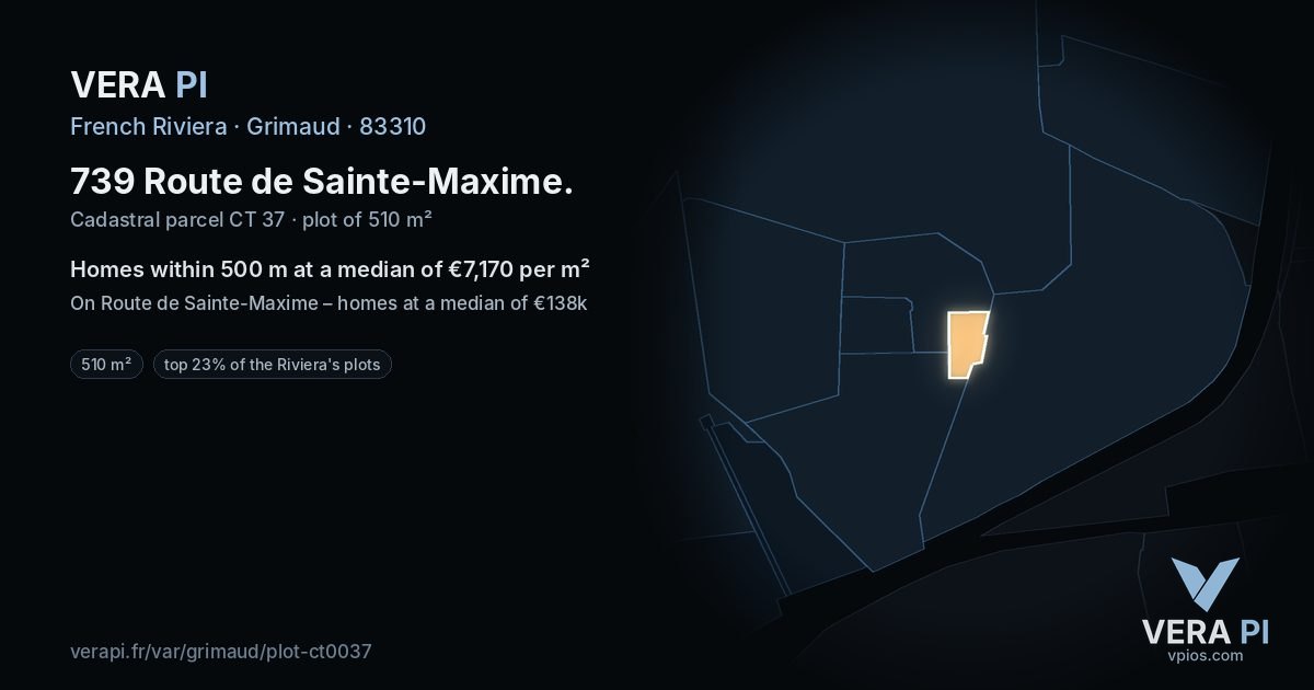 739 Route de Sainte-Maxime, Grimaud at night – the plot lit, the parcels around coloured by the prices near them