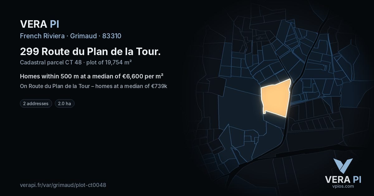 299 Route du Plan de la Tour, Grimaud at night – the plot lit, the parcels around coloured by the prices near them