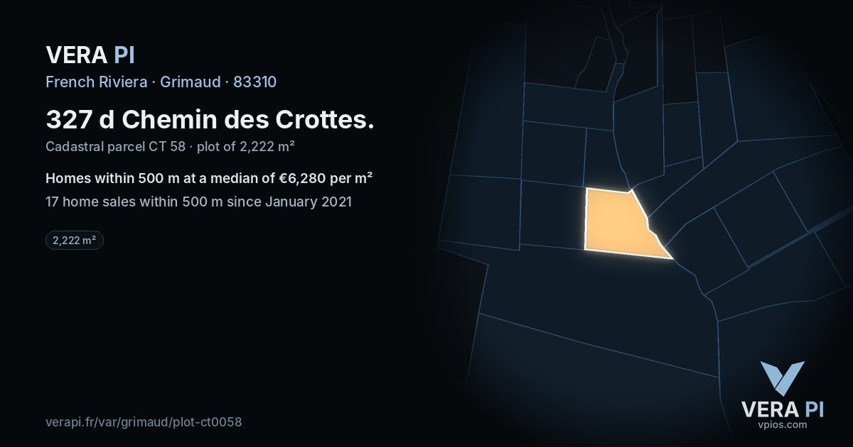 327 d Chemin des Crottes, Grimaud at night – the plot lit, the parcels around coloured by the prices near them