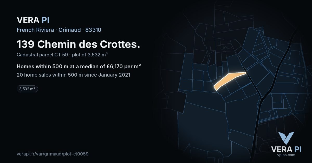 139 Chemin des Crottes, Grimaud at night – the plot lit, the parcels around coloured by the prices near them