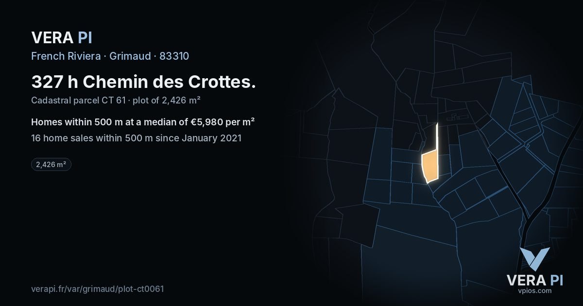 327 h Chemin des Crottes, Grimaud at night – the plot lit, the parcels around coloured by the prices near them