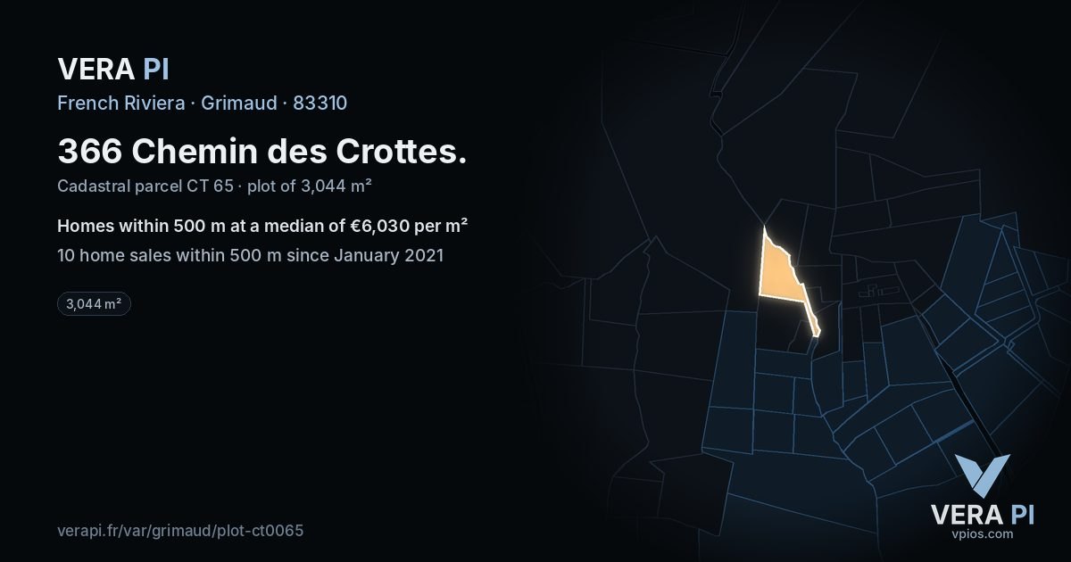366 Chemin des Crottes, Grimaud at night – the plot lit, the parcels around coloured by the prices near them
