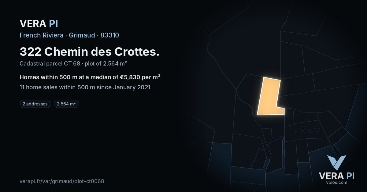 322 Chemin des Crottes, Grimaud at night – the plot lit, the parcels around coloured by the prices near them