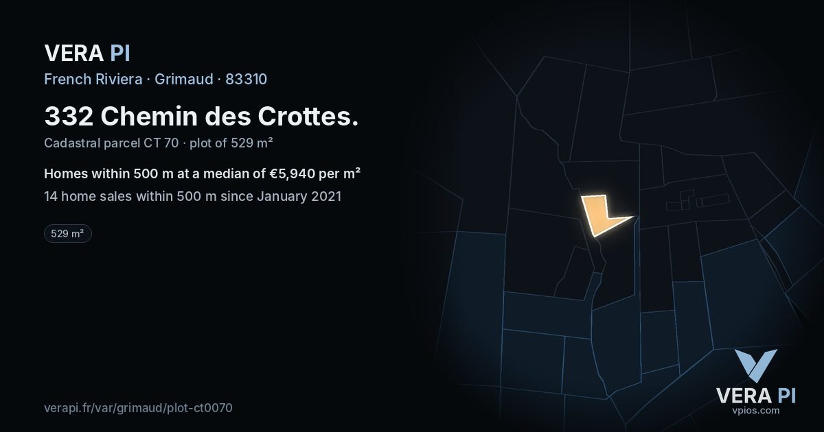 332 Chemin des Crottes, Grimaud at night – the plot lit, the parcels around coloured by the prices near them