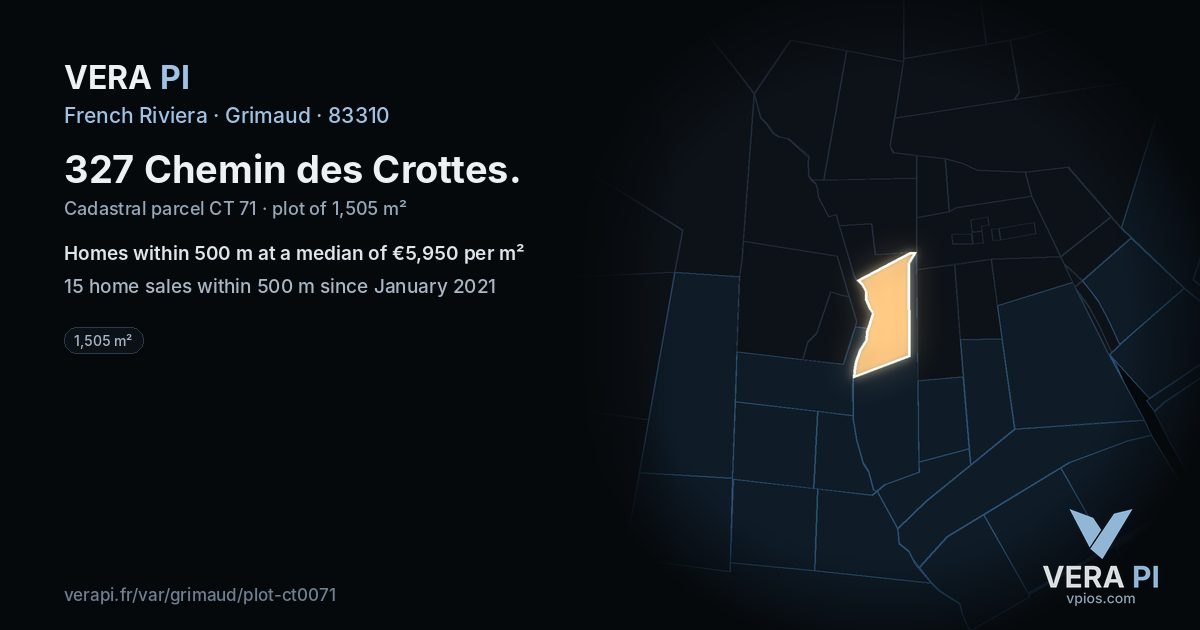 327 Chemin des Crottes, Grimaud at night – the plot lit, the parcels around coloured by the prices near them