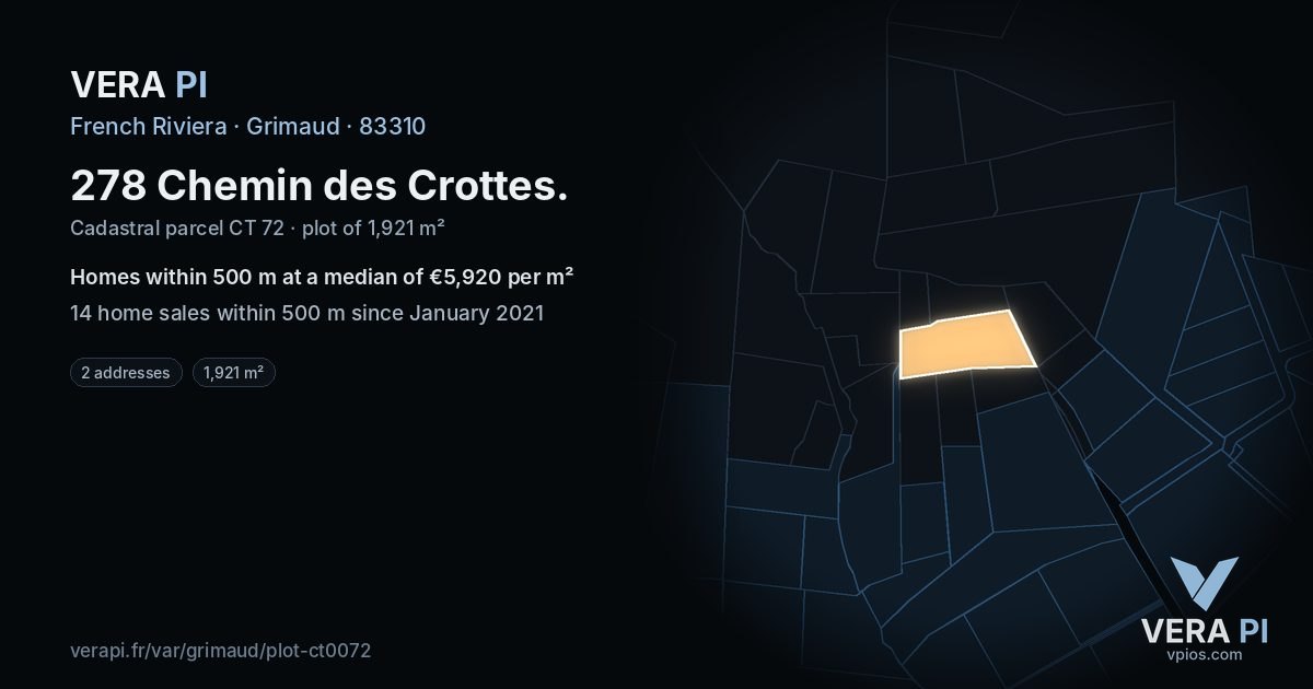 278 Chemin des Crottes, Grimaud at night – the plot lit, the parcels around coloured by the prices near them