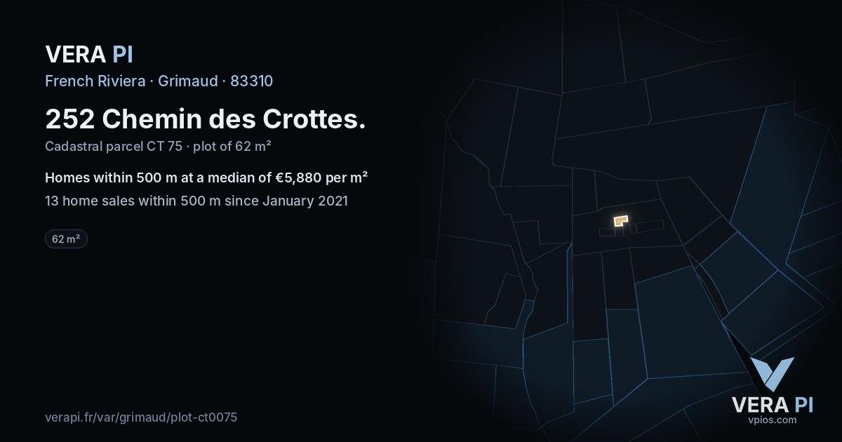 252 Chemin des Crottes, Grimaud at night – the plot lit, the parcels around coloured by the prices near them