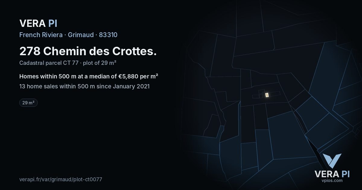 278 Chemin des Crottes, Grimaud at night – the plot lit, the parcels around coloured by the prices near them