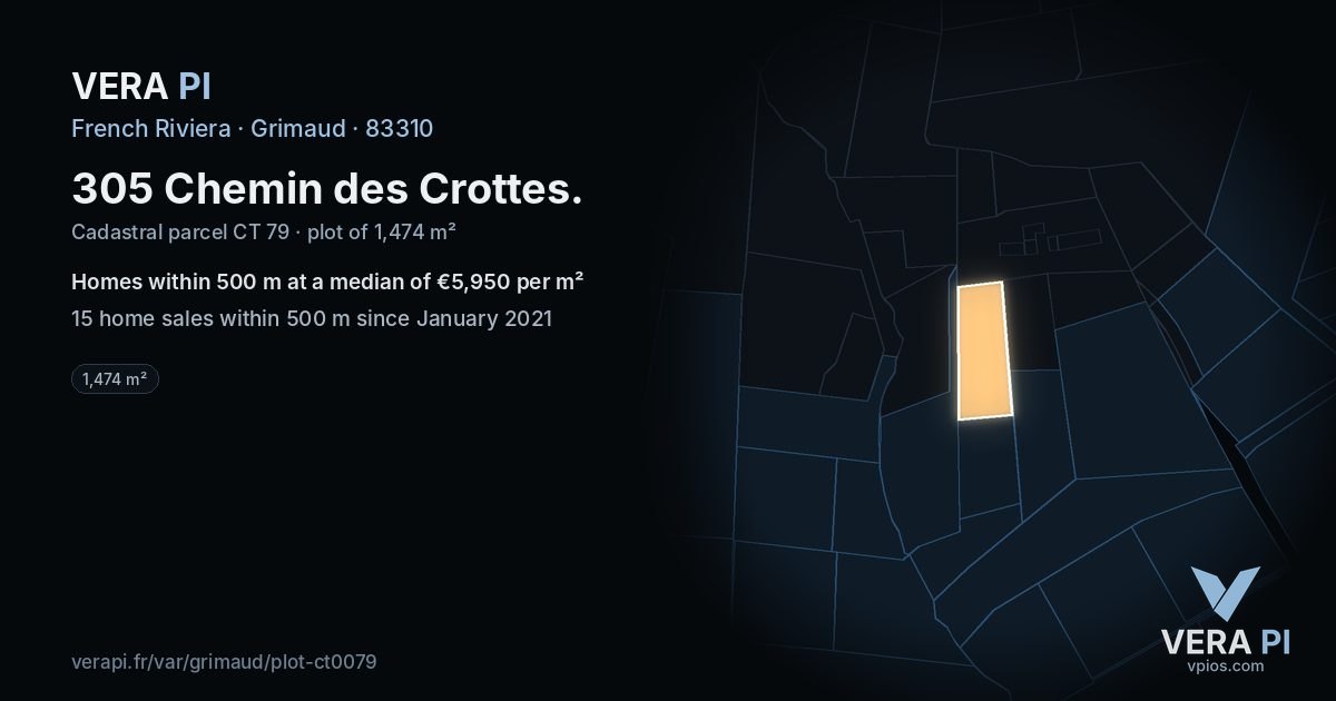 305 Chemin des Crottes, Grimaud at night – the plot lit, the parcels around coloured by the prices near them