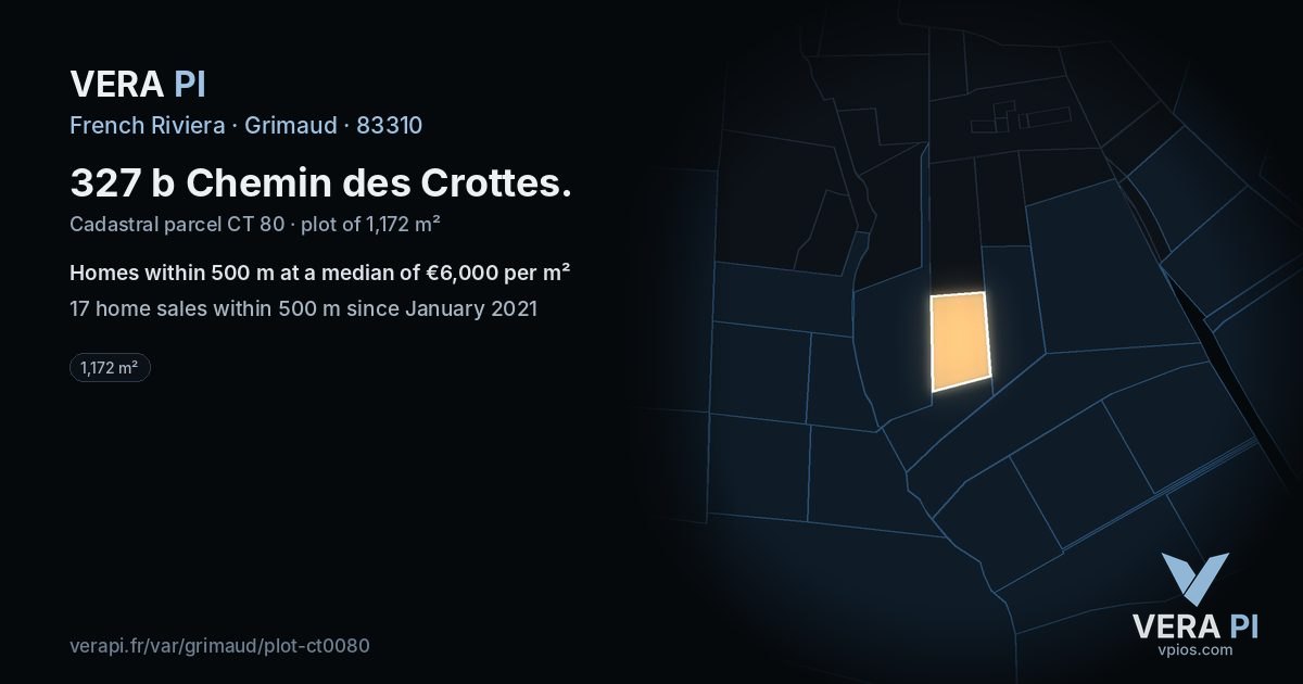 327 b Chemin des Crottes, Grimaud at night – the plot lit, the parcels around coloured by the prices near them