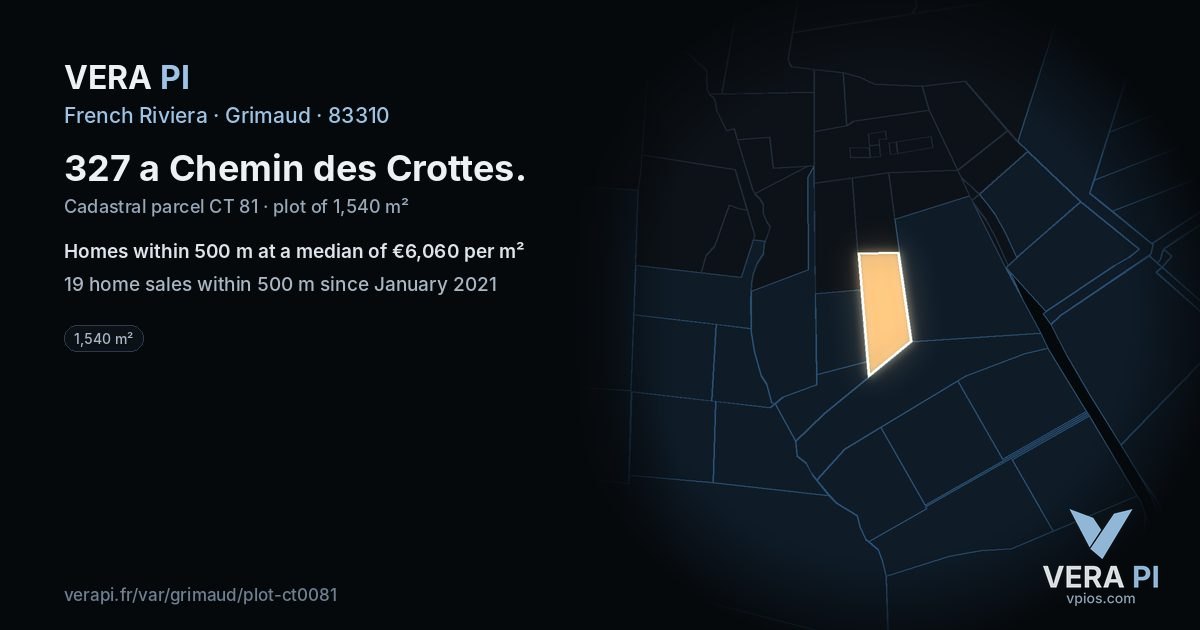 327 a Chemin des Crottes, Grimaud at night – the plot lit, the parcels around coloured by the prices near them