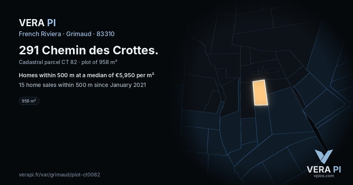 291 Chemin des Crottes, Grimaud at night – the plot lit, the parcels around coloured by the prices near them