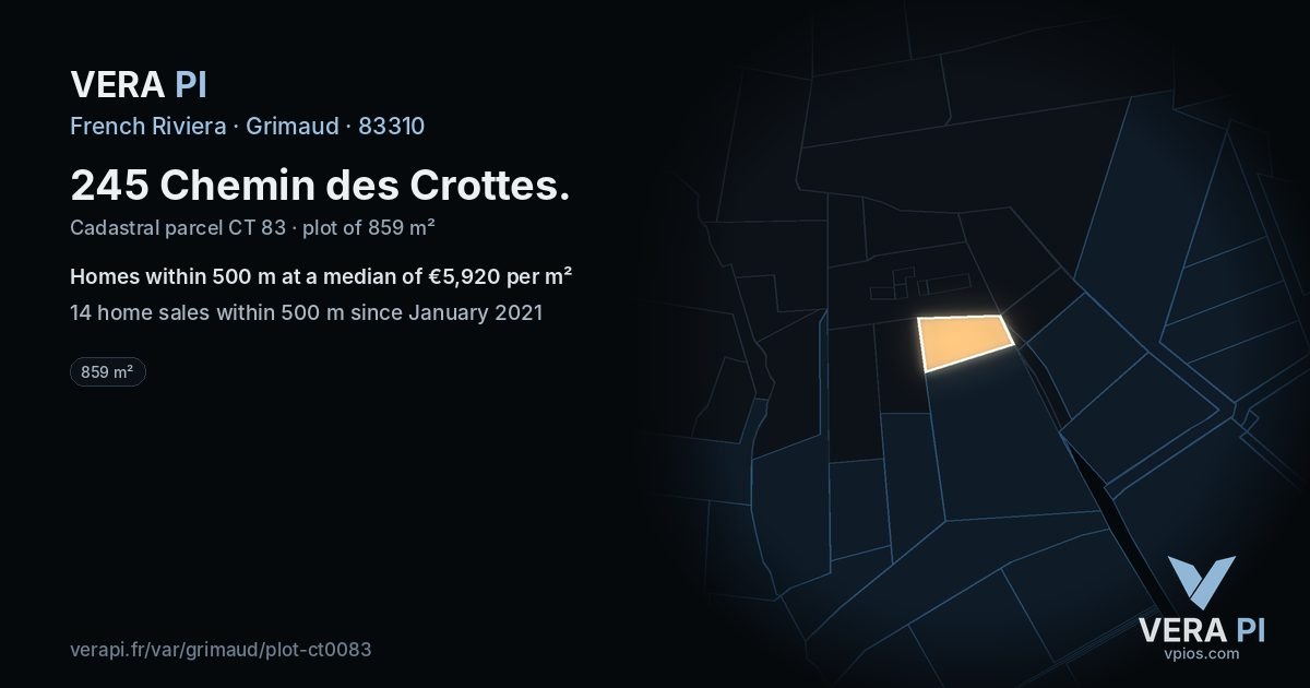 245 Chemin des Crottes, Grimaud at night – the plot lit, the parcels around coloured by the prices near them