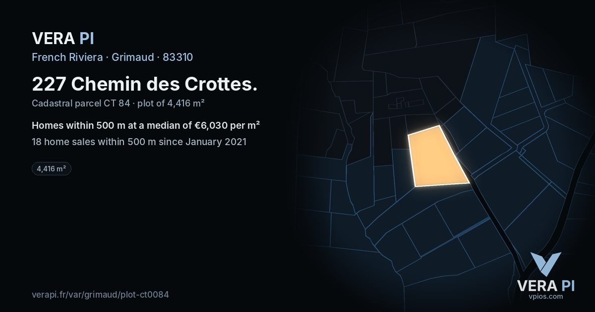 227 Chemin des Crottes, Grimaud at night – the plot lit, the parcels around coloured by the prices near them
