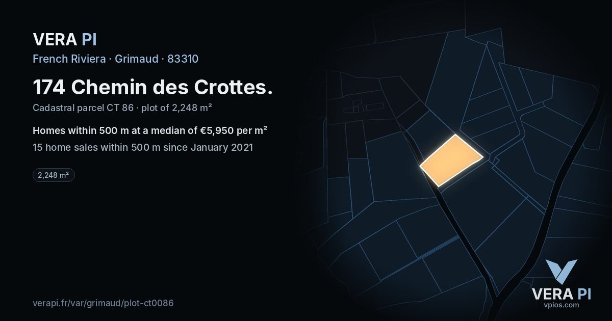 174 Chemin des Crottes, Grimaud at night – the plot lit, the parcels around coloured by the prices near them