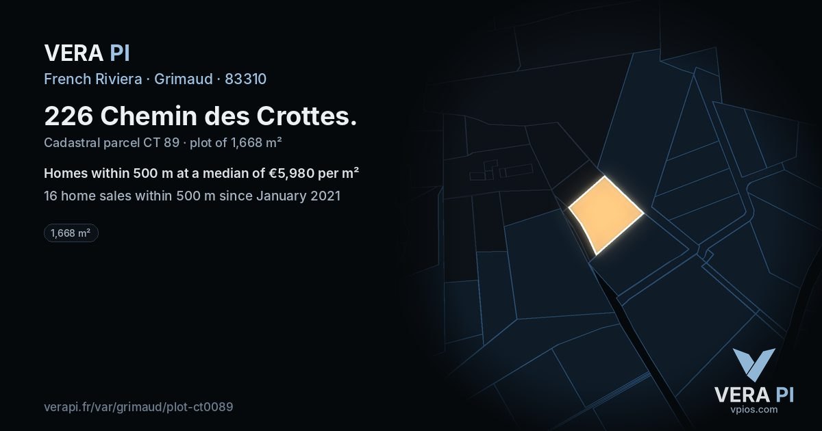 226 Chemin des Crottes, Grimaud at night – the plot lit, the parcels around coloured by the prices near them
