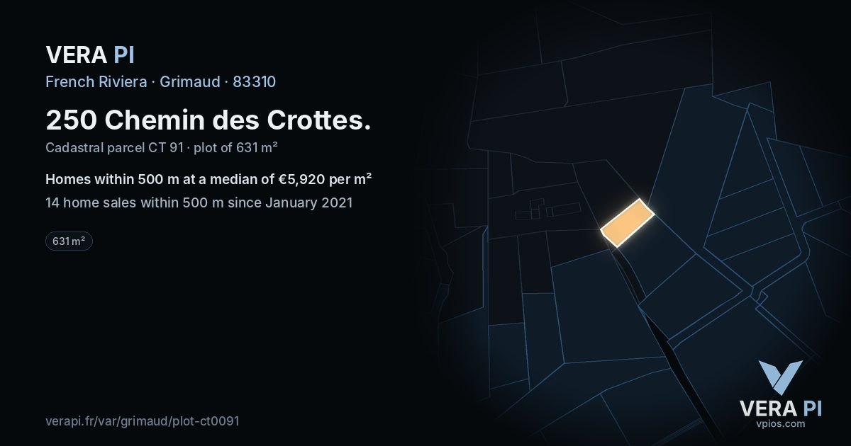250 Chemin des Crottes, Grimaud at night – the plot lit, the parcels around coloured by the prices near them