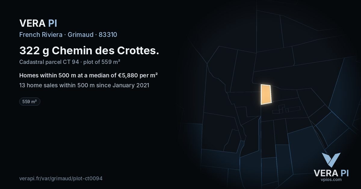 322 g Chemin des Crottes, Grimaud at night – the plot lit, the parcels around coloured by the prices near them